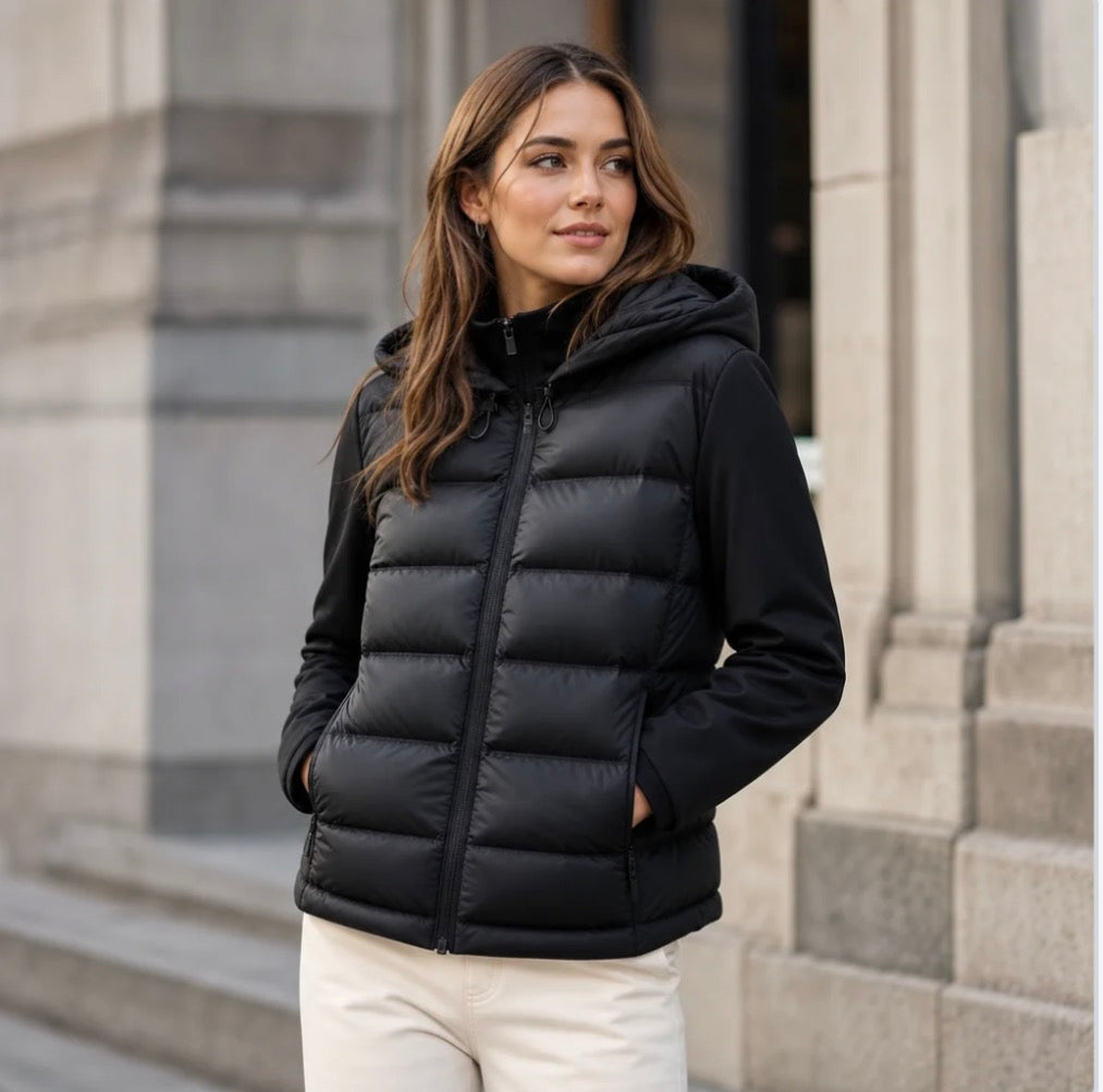 Women's Hybrid Hooded Puffer Jacket — Quilted Front, Stretch-Knit Sleeves, Full Zip — Valendrua