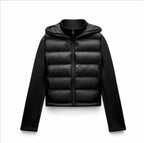 Women's Hybrid Hooded Puffer Jacket — Quilted Front, Stretch-Knit Sleeves, Full Zip — Valendrua