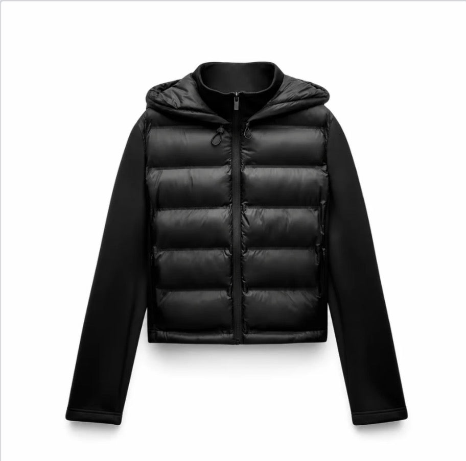 Women's Hybrid Hooded Puffer Jacket — Quilted Front, Stretch-Knit Sleeves, Full Zip — Valendrua