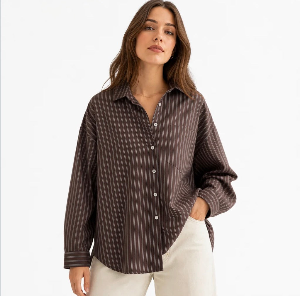 Women's Espresso Pinstripe Oversized Shirt — Dropped Shoulder, Curved Hem, Button Cuffs — Valendrua