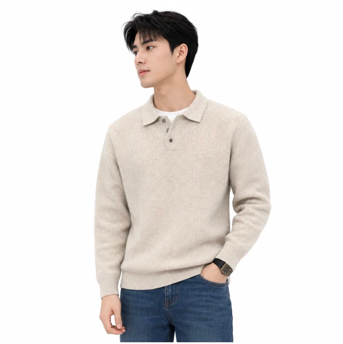 Men's Ribbed Knit Polo Sweater — Two-Button Placket, Relaxed Fit — Valendrua Ludlow
