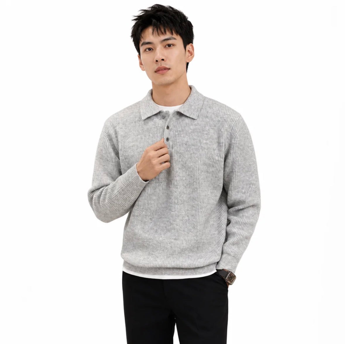 Men's Ribbed Knit Polo Sweater — Two-Button Placket, Relaxed Fit — Valendrua Ludlow