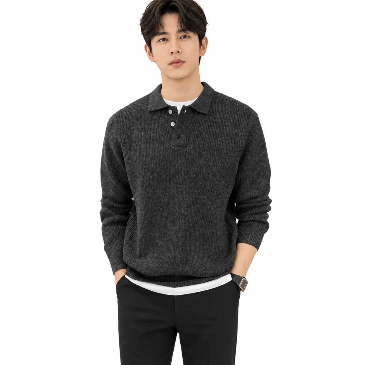 Men's Ribbed Knit Polo Sweater — Two-Button Placket, Relaxed Fit — Valendrua Ludlow