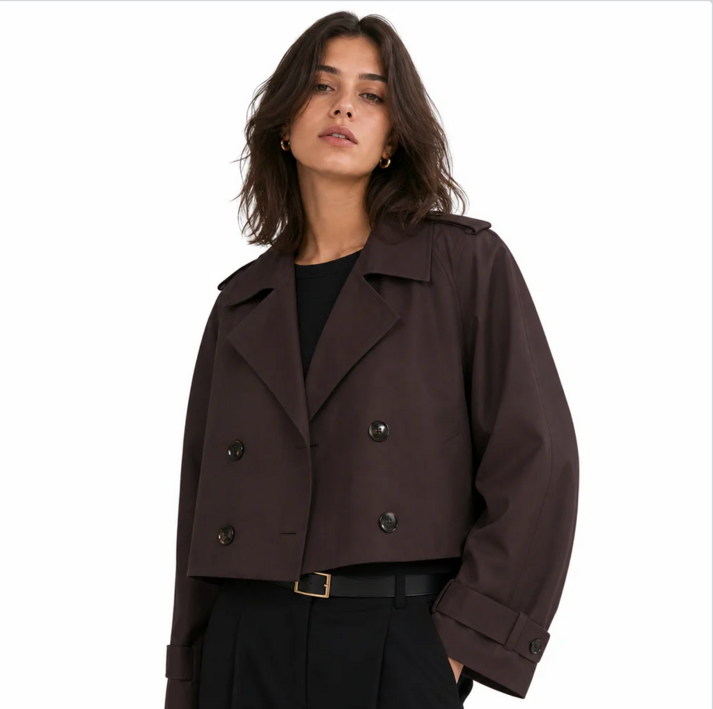 Women's Cropped Double-Breasted Trench Coat — Notched Lapel, Cuffed Sleeves — Valendrua