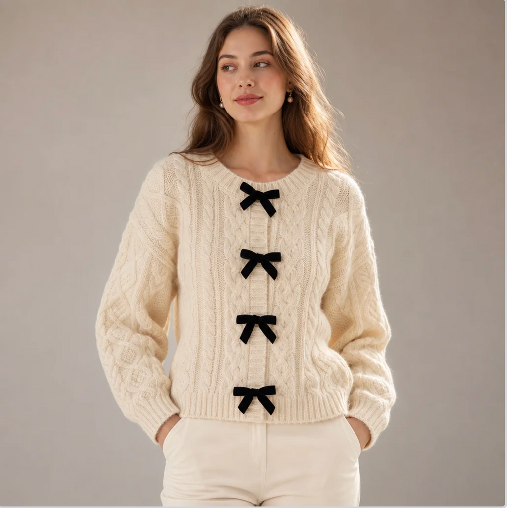 Women's Cable-Knit Bow Cardigan — Velvet Bow Trim, Cropped, Relaxed Fit — Valendrua