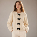 Women's Cable-Knit Bow Cardigan — Velvet Bow Trim, Cropped, Relaxed Fit — Valendrua