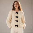 Women's Cable-Knit Bow Cardigan — Velvet Bow Trim, Cropped, Relaxed Fit — Valendrua