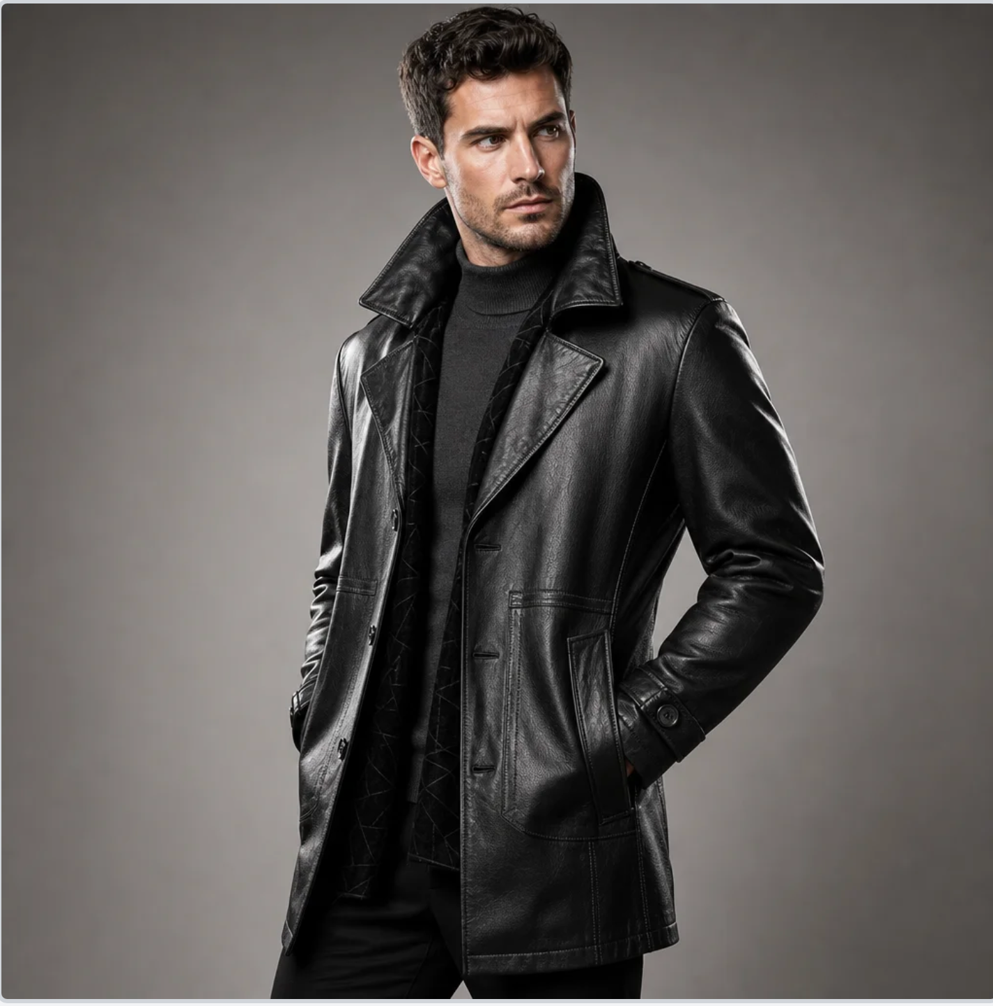 Men's Midnight Leather Car Coat — Full-Grain, Notched Lapel, Fleece-Lined — Valendrua