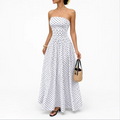 Women's Strapless Polka Dot Maxi Dress — Ruched Bodice, Full A-Line Skirt — Valendrua