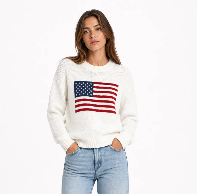Women's American Flag Intarsia Knit Sweater — Crew Neck, Relaxed Fit, Ivory — Valendrua