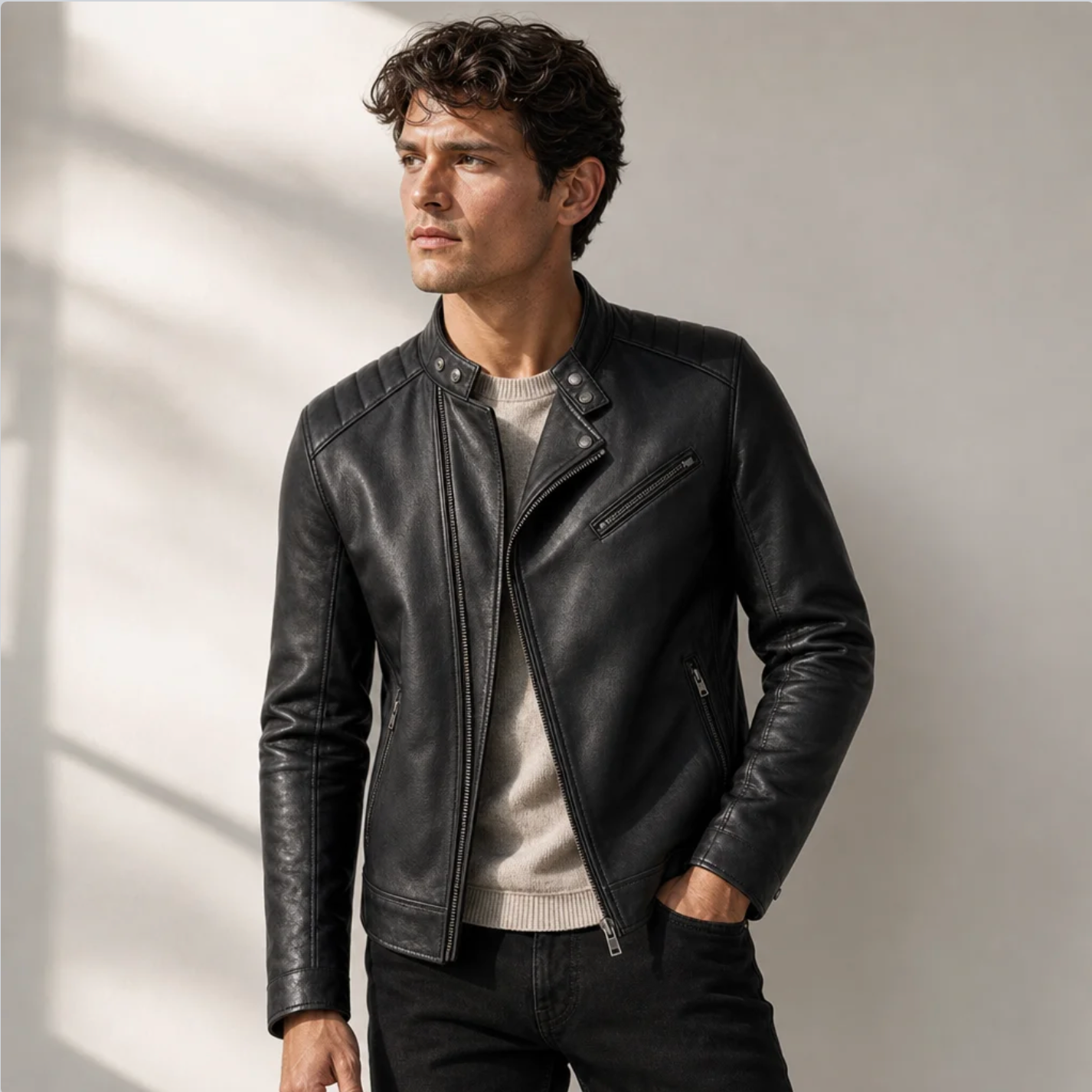Men's Leather Moto Jacket — Asymmetric Zip, Quilted Shoulders, Stand Collar — Valendrua