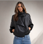 Women's Oversized Leather Bomber Jacket — Asymmetric Snap Collar, Elasticated Hem — Valendrua