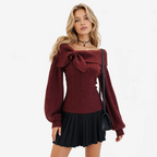 Women's Off-Shoulder Bow Cable-Knit Sweater — Balloon Sleeves, Fitted Body — Valendrua