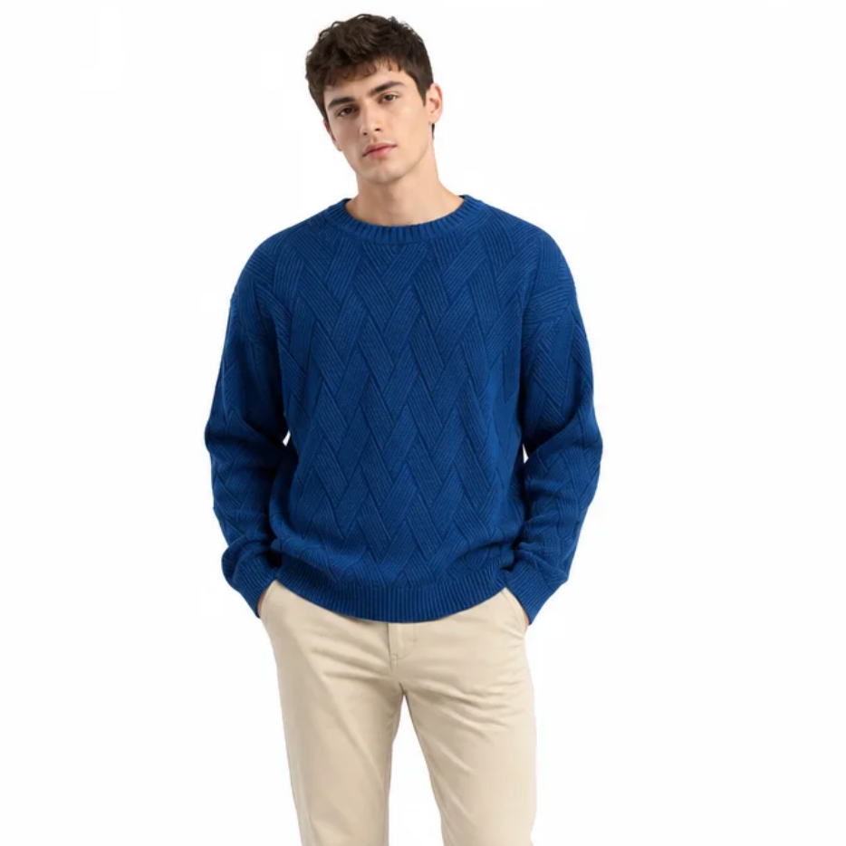Men's Textured Chevron Knit Crew-Neck Sweater — Ribbed Trims, Mid-Weight — Valendrua