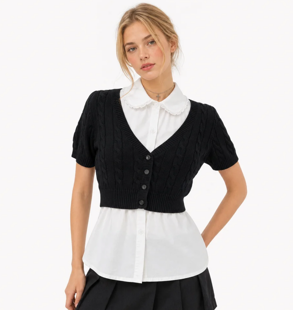 Women's Cropped Cable-Knit Cardigan — V-Neck, Button Front, Short Sleeve — Valendrua