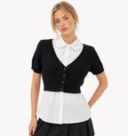 Women's Cropped Cable-Knit Cardigan — V-Neck, Button Front, Short Sleeve — Valendrua
