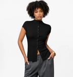 Women's Ribbed Mock-Neck Button Top — Short Sleeve, Side Slit, Fitted — Valendrua