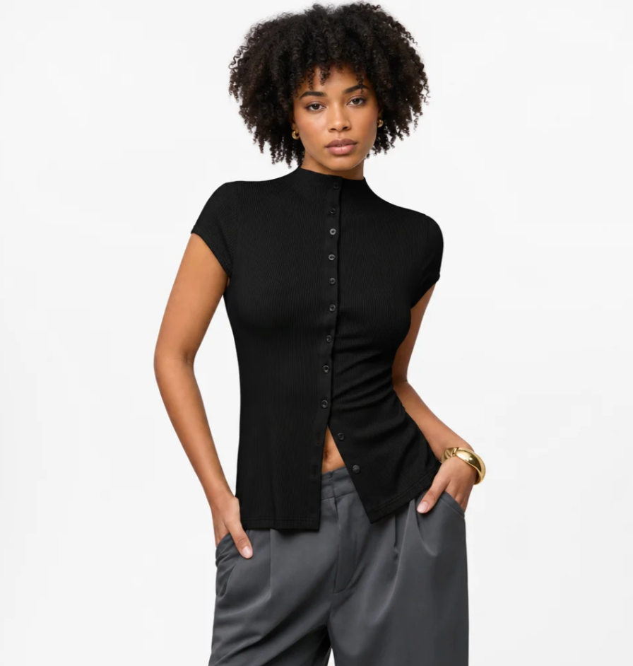 Women's Ribbed Mock-Neck Button Top — Short Sleeve, Side Slit, Fitted — Valendrua