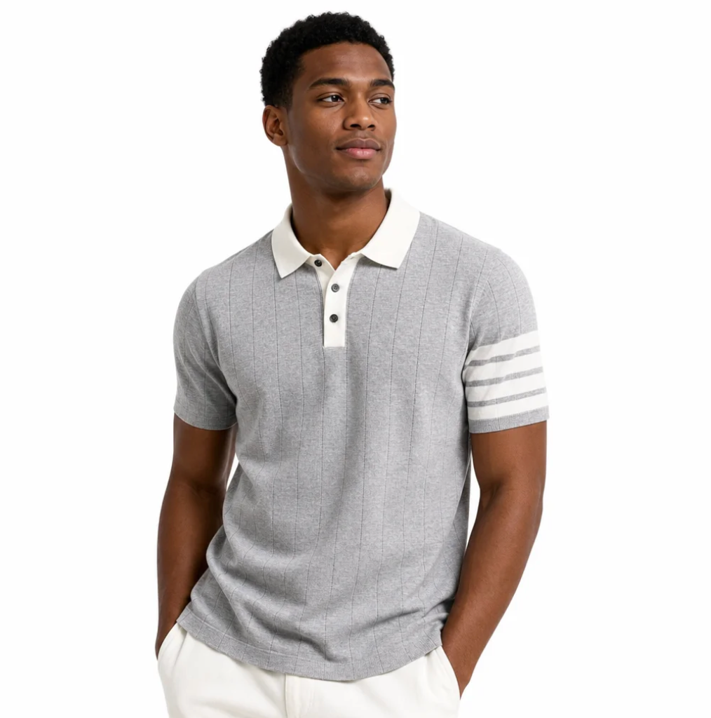Men's Color-Block Knit Polo — Contrast Collar, Striped Cuff, Short Sleeve — Valendrua