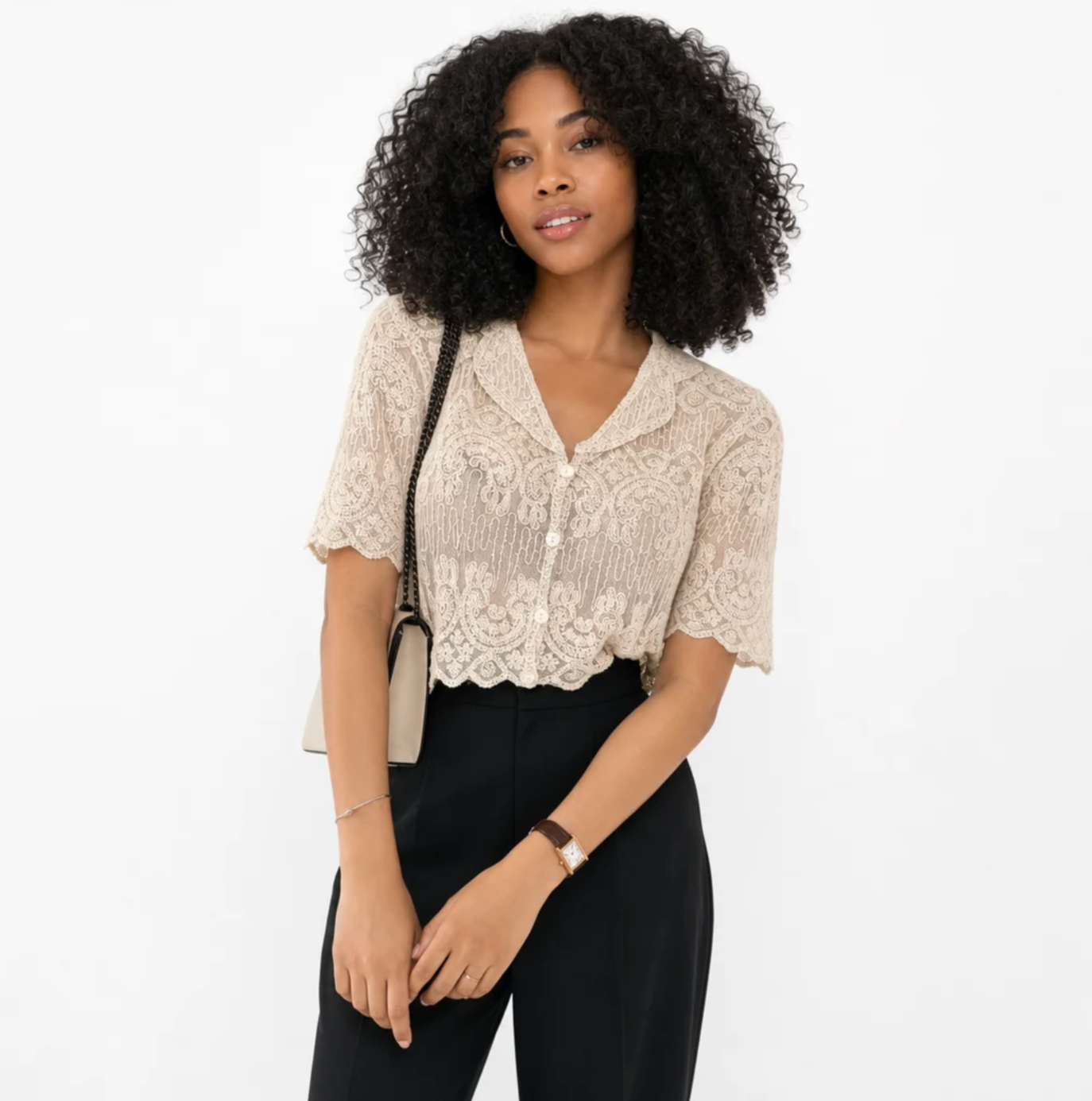 Women's Scalloped Floral Lace Blouse — Semi-Sheer, Button Front, Short Sleeve — Valendrua
