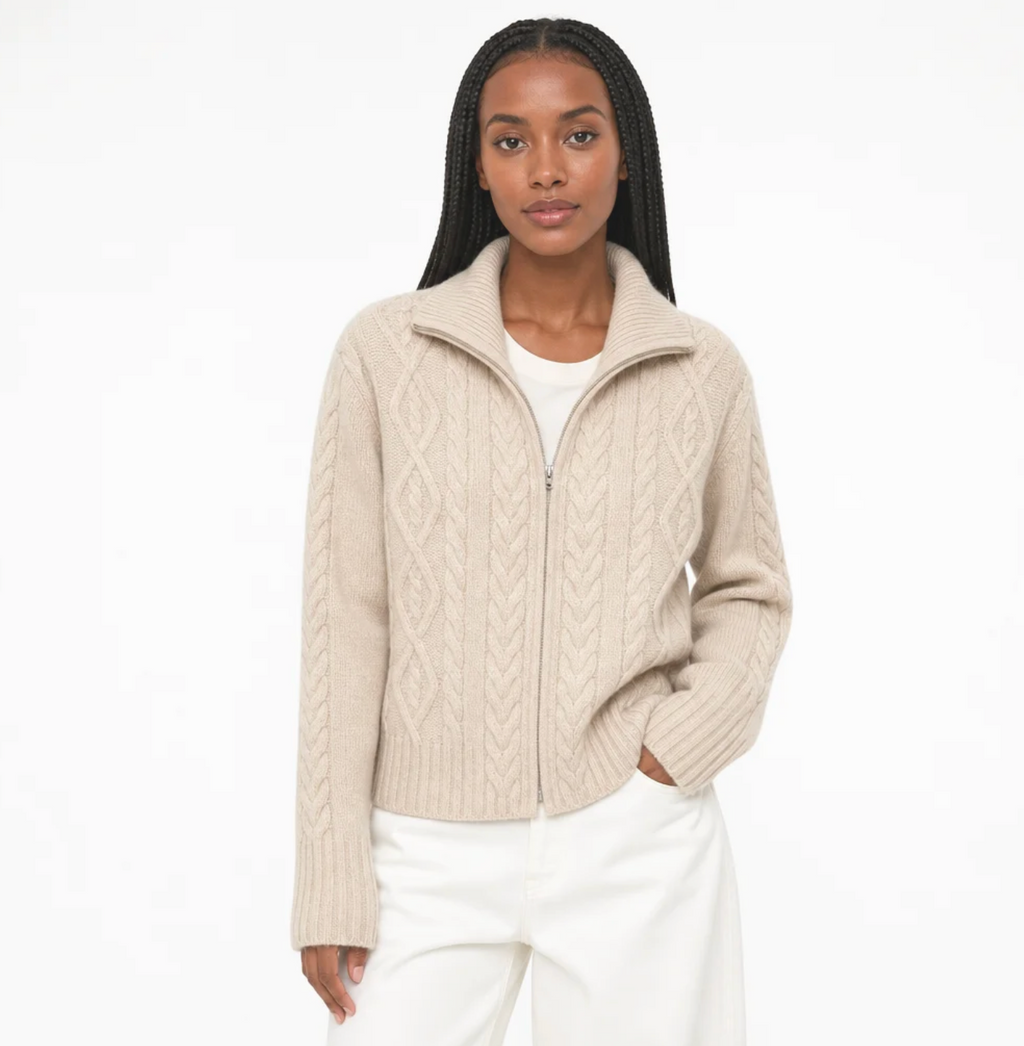 Women's Cable-Knit Zip Cardigan — Funnel Collar, Full-Length Zip, Cashmere — Valendrua