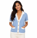 Women's Contrast-Trim Knit Polo Cardigan — Short Sleeve, Button Front, Patch Pockets — Valendrua