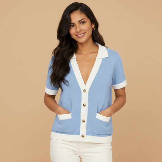 Contrast-Trim Knit Polo Cardigan
