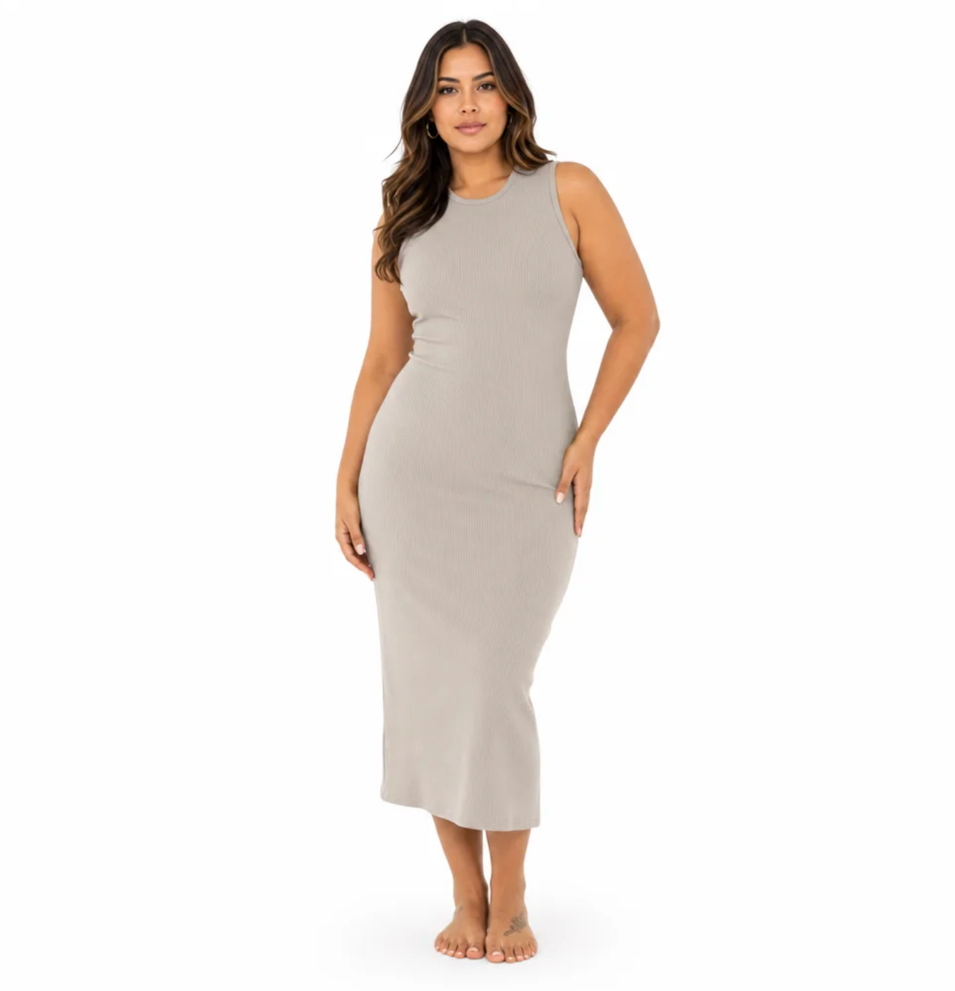 Women's Ribbed Knit Midi Dress — Sleeveless, Crew Neck, Body-Skimming — Valendrua
