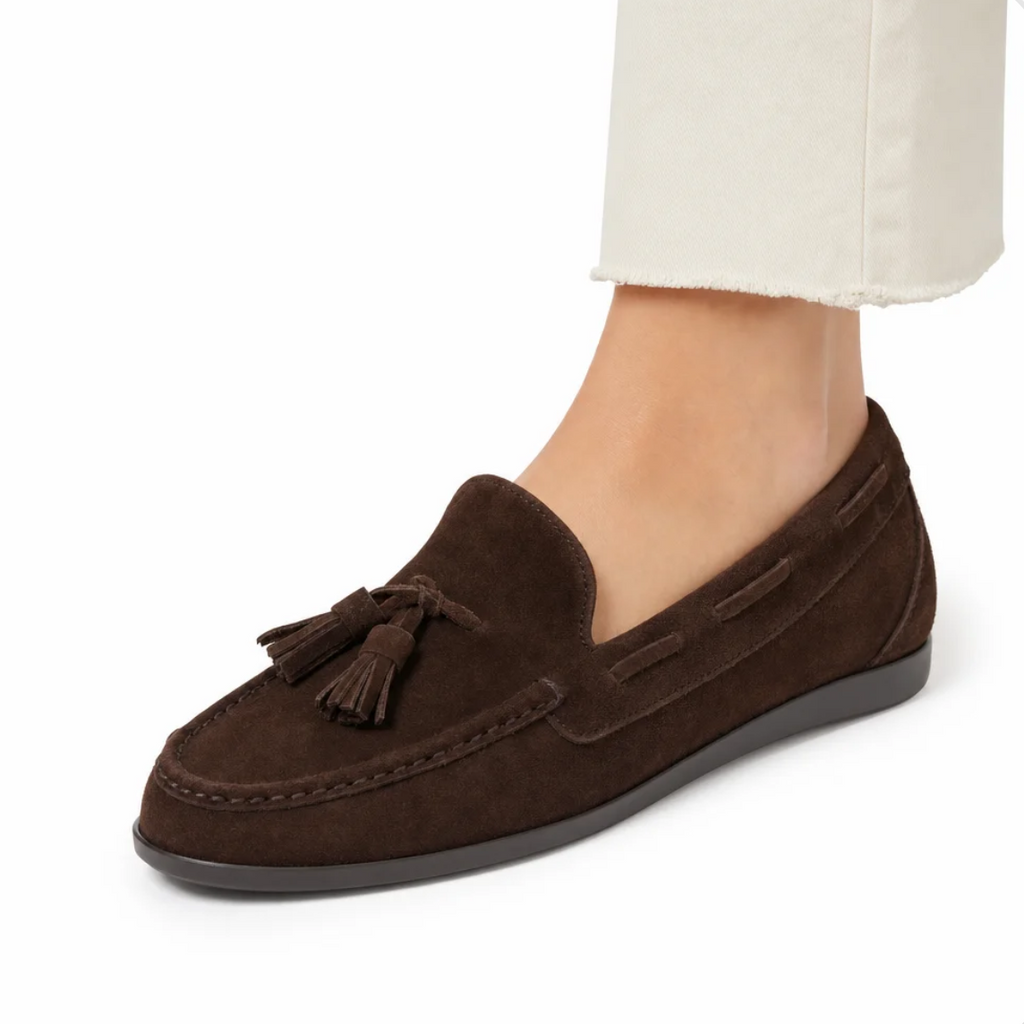 Women's Tassel Loafer — Almond Toe, Suede, Low Stacked Heel — Valendrua Mayfair