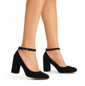 Women's Block Heel Ankle Strap Sandal — Suede, Rounded Toe — Valendrua Colette