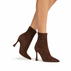 Women's Pointed-Toe Sock Boot — Sculptural Flared Heel, Stretch Suede-Look — Valendrua Sloane