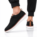 Men's Knit Derby Sneaker — Stretch-Knit Upper, Leather-Look Heel, White Sole — Valendrua Ashby