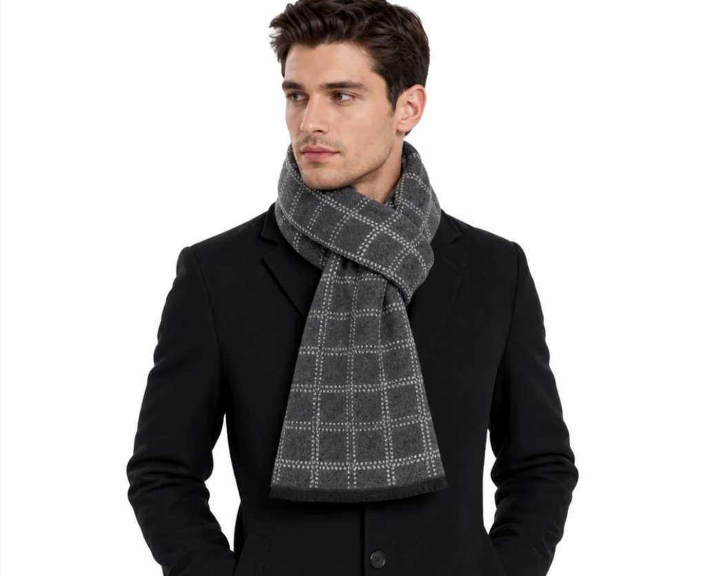 Men's Brushed-Knit Check Scarf — Windowpane Pattern, Fringe Ends — Valendrua Heath
