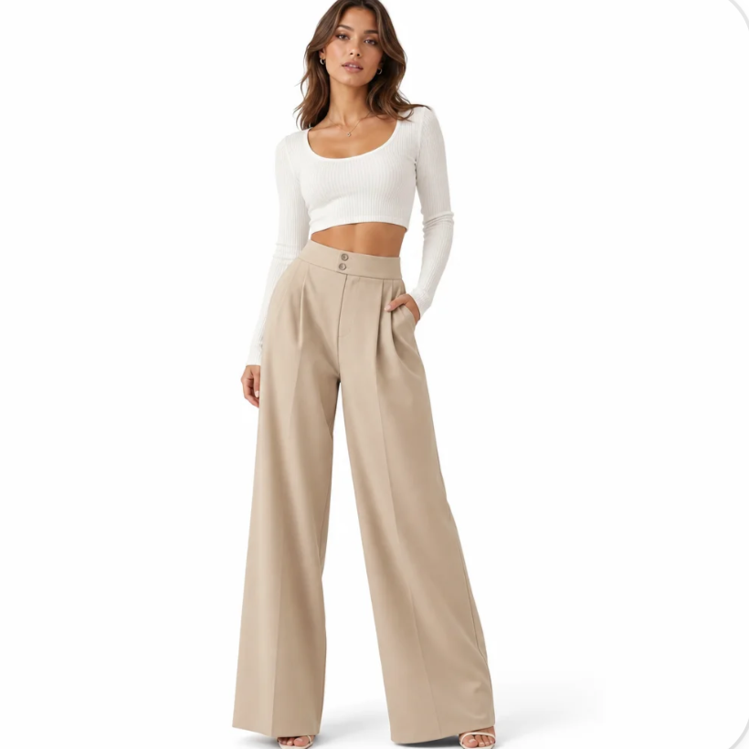 Women's High-Waisted Wide-Leg Trousers — Fluid Tailored Drape, Double-Button Waist — Valendrua Whitford
