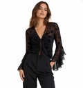 Women's Burnout Floral Top — Trumpet Sleeves, Tie-Front — Valendrua Vérane