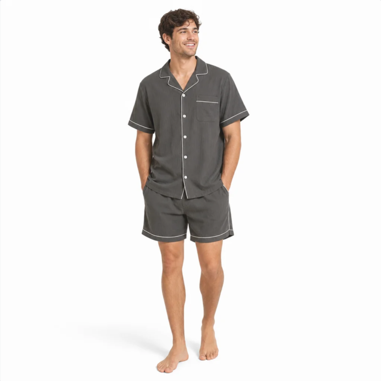 Men's Short-Sleeve Pajama Set — Piped Camp Collar Top & Shorts, Summer Loungewear — Valendrua Sutton