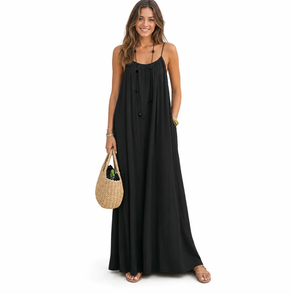 Women's Spaghetti-Strap Maxi Dress — Low Scoop Back, Tie Detail, Relaxed Fit — Valendrua Salcombe