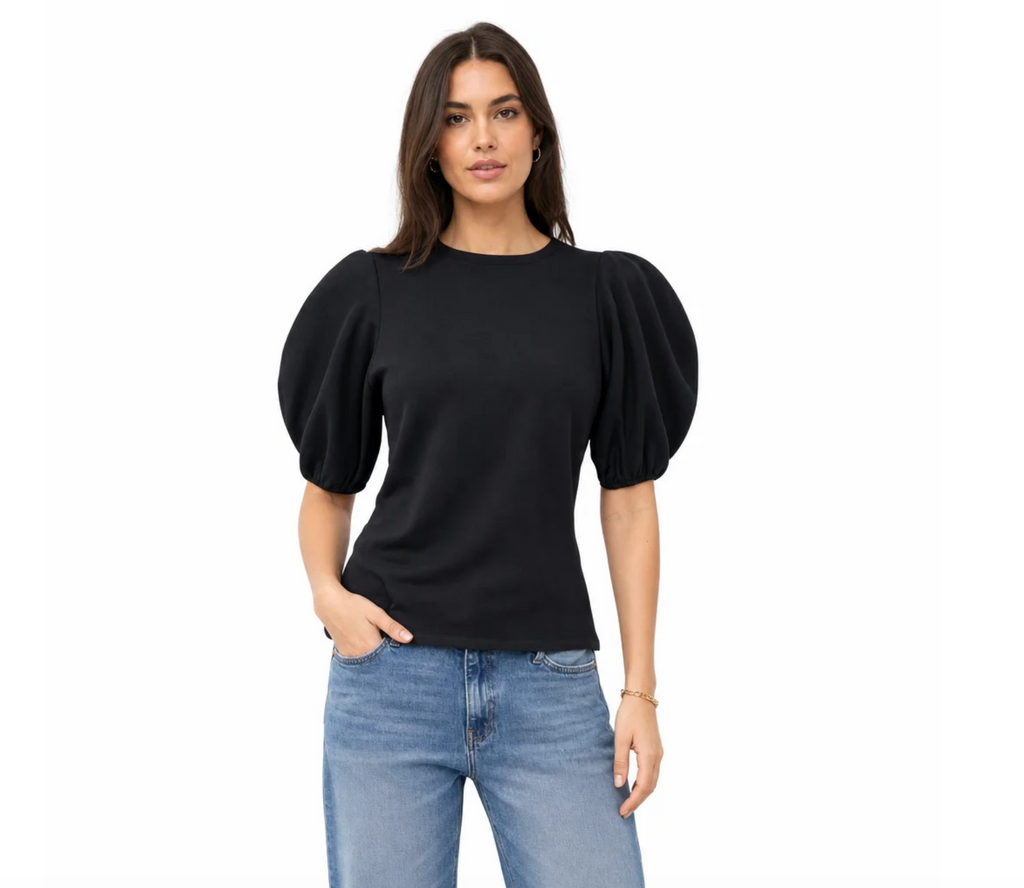 Women's Puff-Sleeve Round-Neck Blouse — Gathered Sleeve, Asymmetric Hem — Valendrua Ellery