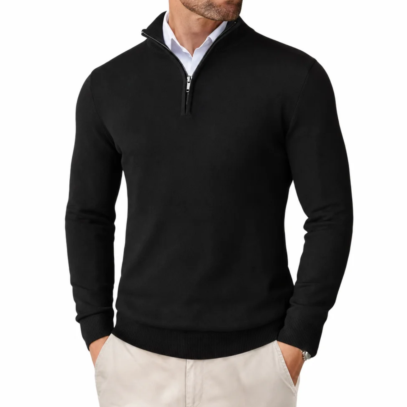 Men's Quarter-Zip Fine-Gauge Knit Pullover — Stand Collar, Tonal Zip, Ribbed Cuffs — Valendrua Fenwick