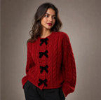 Women's Cable-Knit Bow Cardigan — Velvet Bow Trim, Cropped, Relaxed Fit — Valendrua