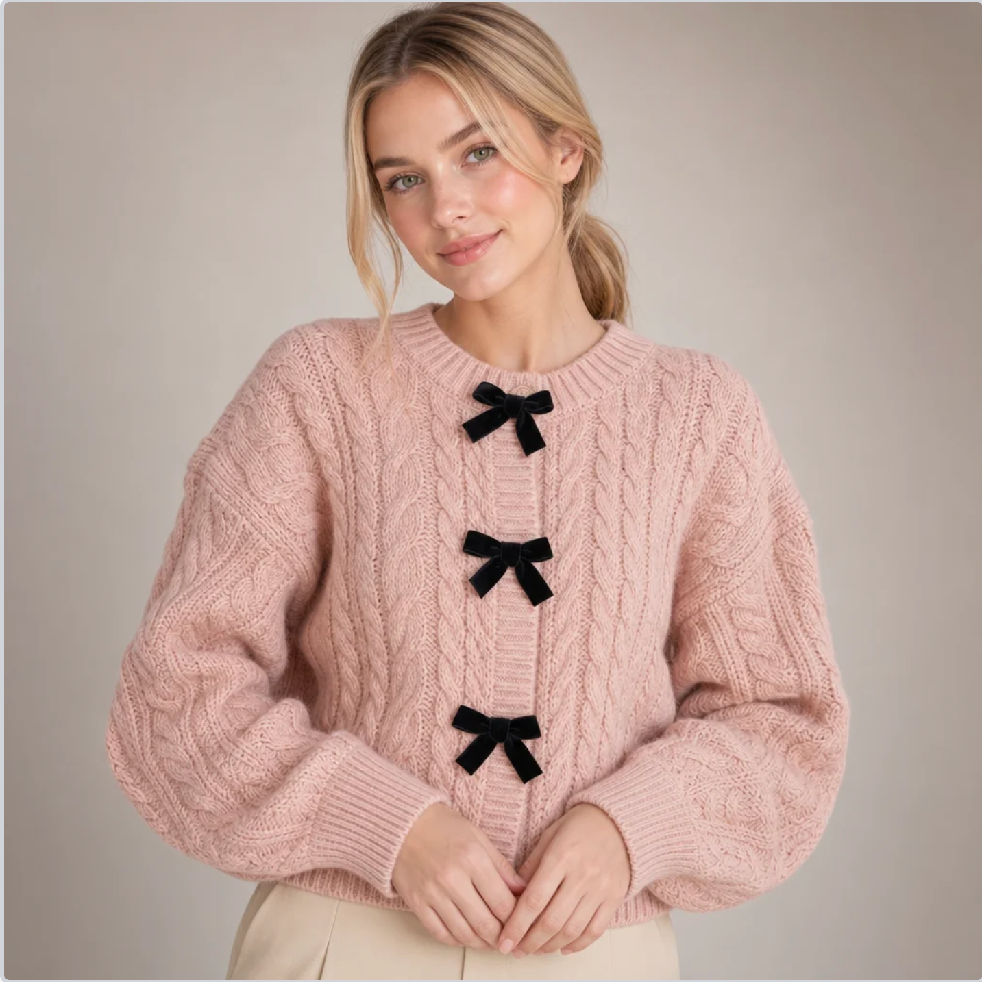 Women's Cable-Knit Bow Cardigan — Velvet Bow Trim, Cropped, Relaxed Fit — Valendrua