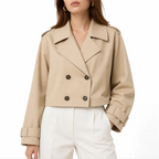 Women's Cropped Double-Breasted Trench Coat — Notched Lapel, Cuffed Sleeves — Valendrua