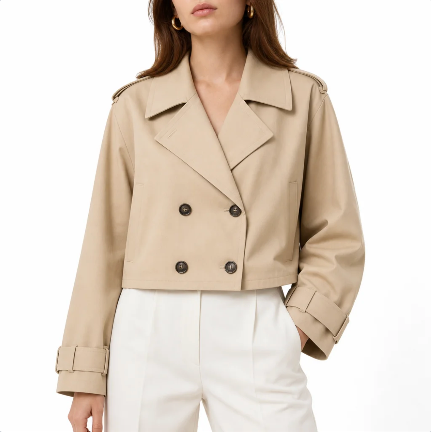 Women's Cropped Double-Breasted Trench Coat — Notched Lapel, Cuffed Sleeves — Valendrua