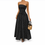 Women's Strapless Polka Dot Maxi Dress — Ruched Bodice, Full A-Line Skirt — Valendrua