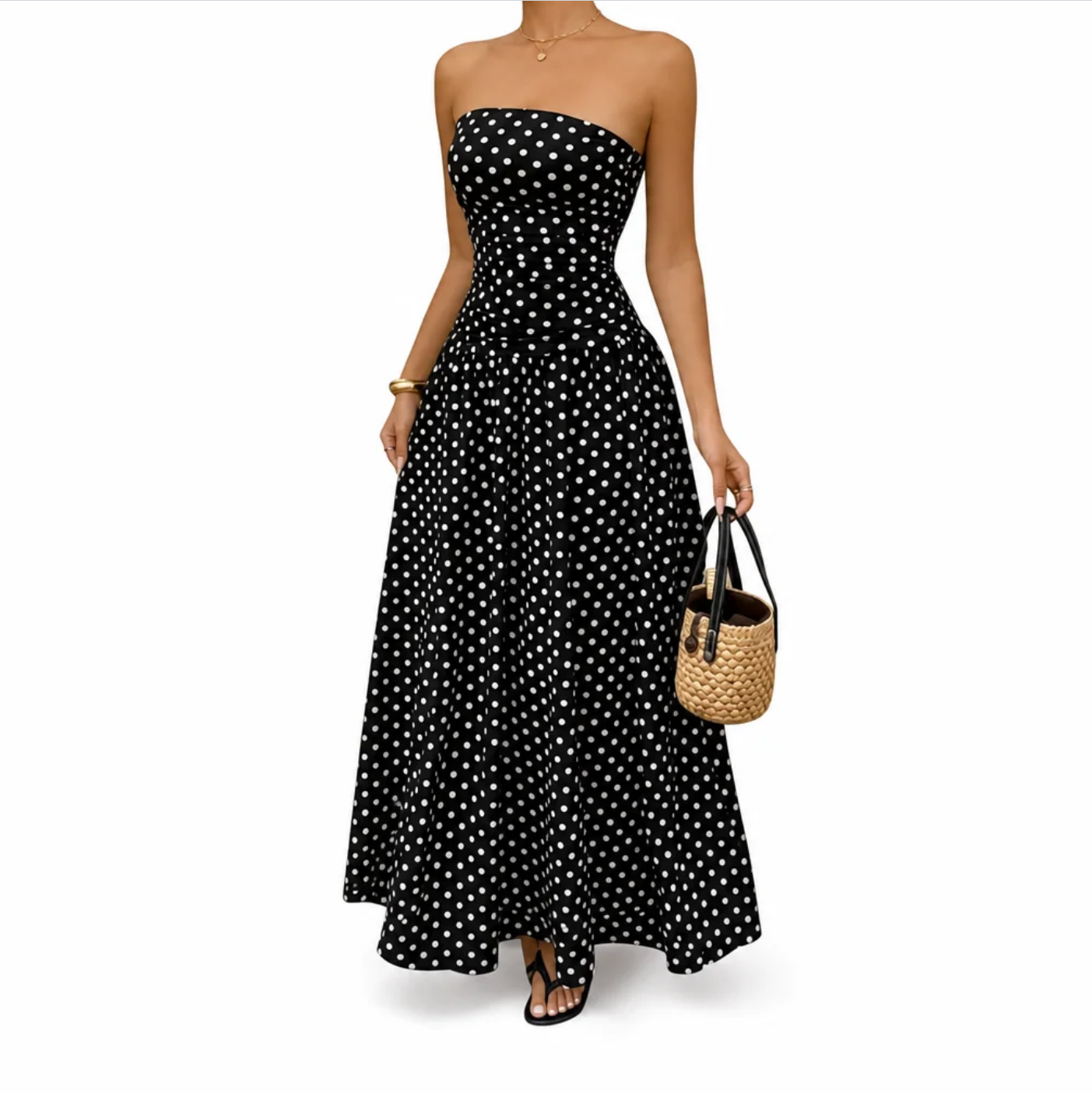Women's Strapless Polka Dot Maxi Dress — Ruched Bodice, Full A-Line Skirt — Valendrua