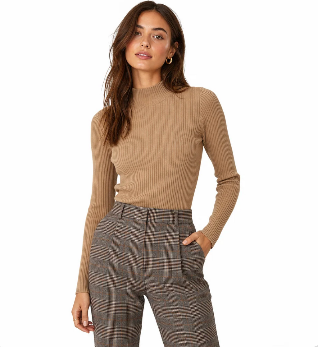 Women's Ribbed Mock-Neck Sweater — Slim Fit, Fine-Gauge Knit, Long Sleeve — Valendrua