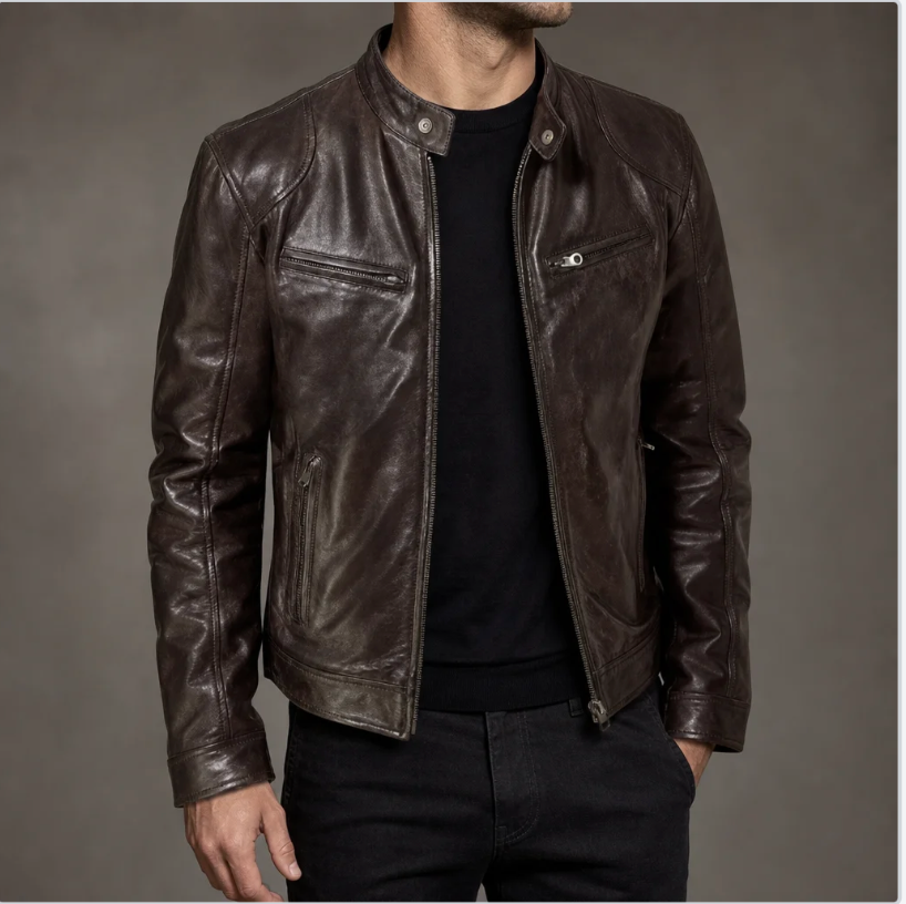 Men's Leather Moto Jacket — Asymmetric Zip, Quilted Shoulders, Stand Collar — Valendrua