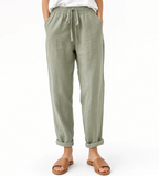 Women's Washed Linen Drawstring Pants — Relaxed Fit, Cropped, Rolled Cuff — Valendrua