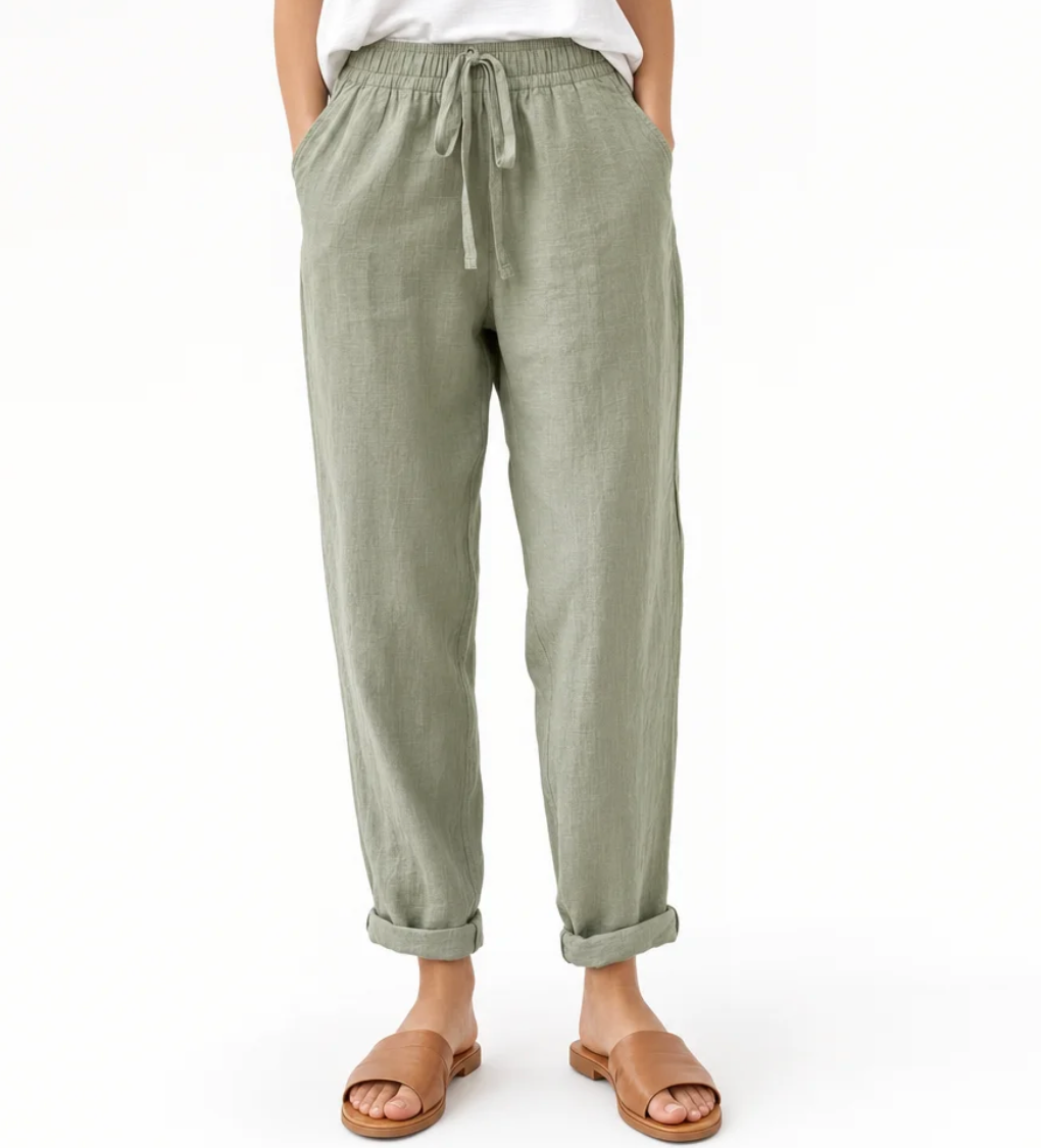 Women's Washed Linen Drawstring Pants — Relaxed Fit, Cropped, Rolled Cuff — Valendrua