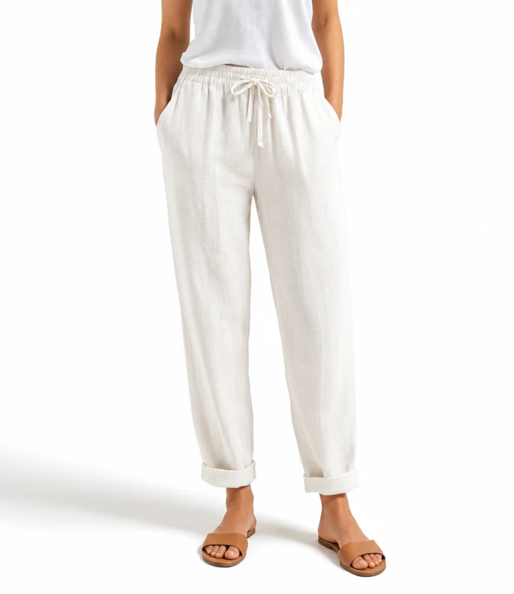 Women's Washed Linen Drawstring Pants — Relaxed Fit, Cropped, Rolled Cuff — Valendrua